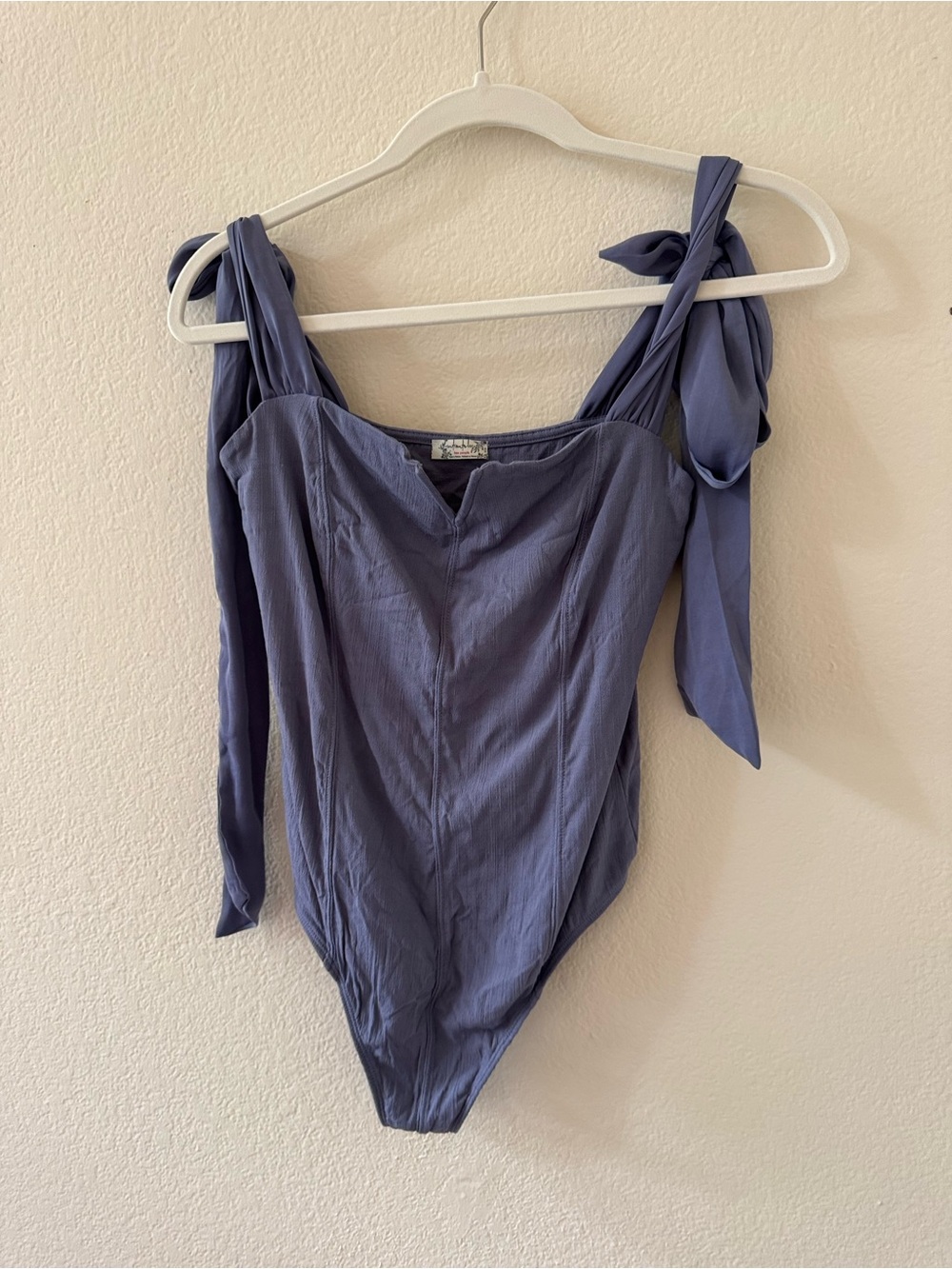 Free People Dusty Blue Tie-Shoulder Bodysuit